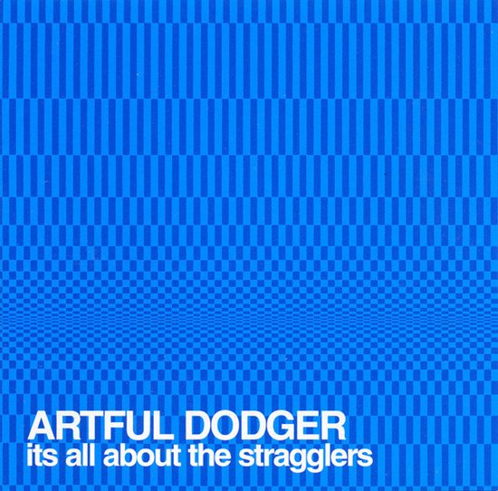 Blauwe achtergrond met geometrisch patroon en tekst 'ARTFUL DODGER its all about the stragglers'.