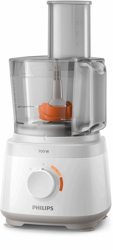 Wit Philips keukenmachine met 700 W vermogen en een transparante kan met maataanduidingen.