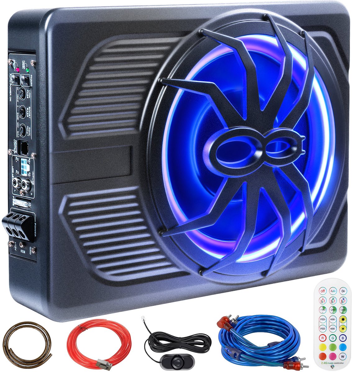 10-inch Spider Subwoofer met Versterker – 1000W – Blauw LED Licht – Draadloze Afstandsbediening – Krachtige Bas – Eenvoudig te Installeren
