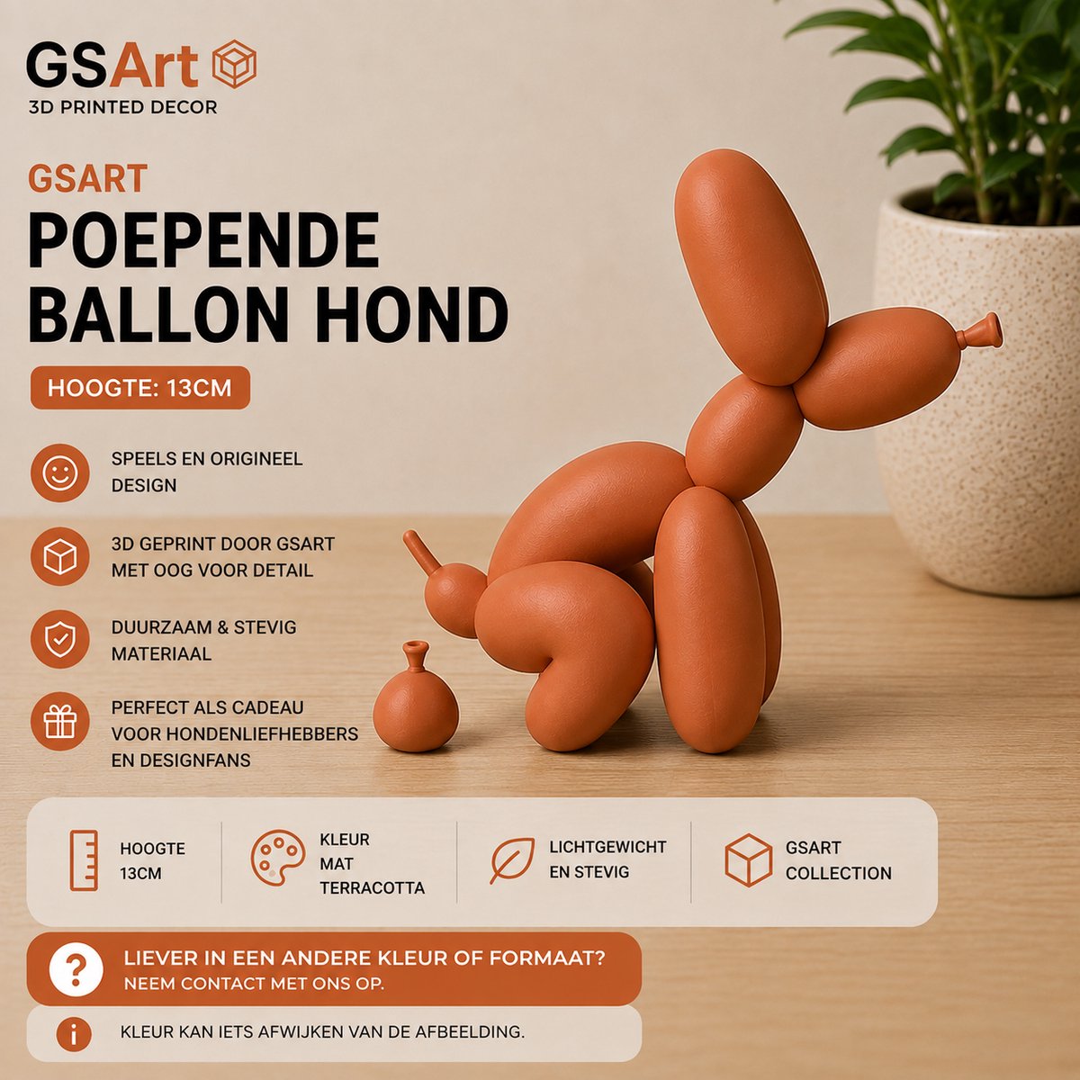 GSArt Decoratief Beeld Poepende Ballon Hond – Grappige Woondecoratie - 13cm Mat Terracotta