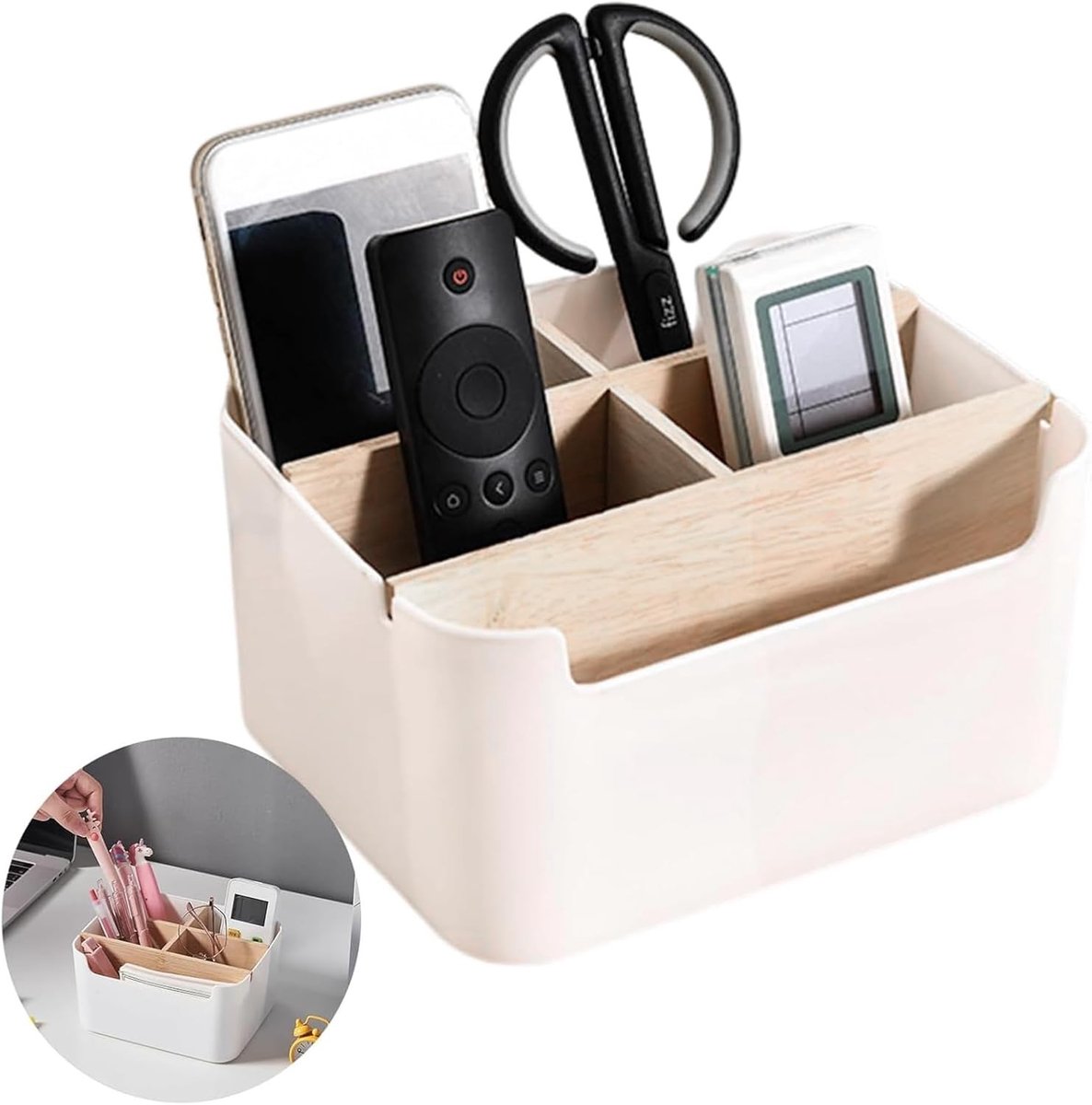 Houten Bureau Organizer met 5 Compartimenten, Multifunctionele Opbergbak voor Kantoor, School en Thuisgebruik, Desk Remote Control Houder