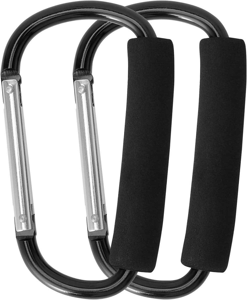 Pram Hooks Set van 2, Aluminium Karabiners met Spons voor Kinderwagens en Tassen, Zwart, 13 cm x 3 in