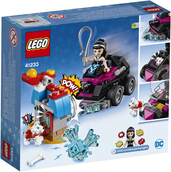 Achterkant van LEGO DC Super Hero Girls Lashina tank doos met Lashina in haar tank, hond en vier afbeeldingen.