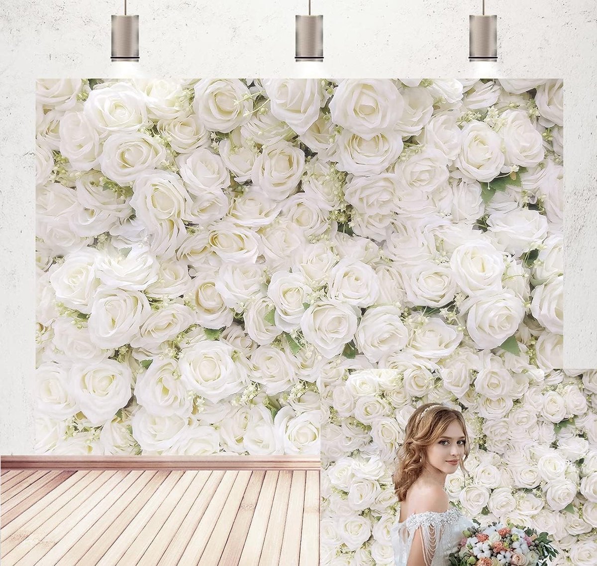 Achtergrond voor Bruiloft en Babyshower met Witte Rozen - Vinyl Fotobehang voor Newborn en Feestjes