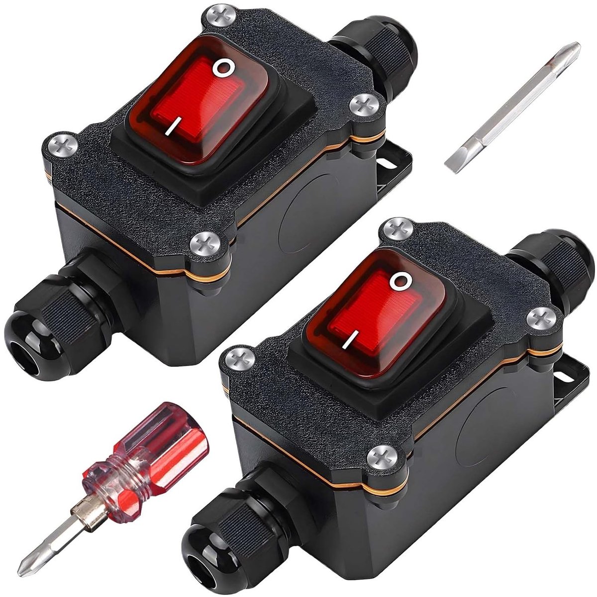 Set van 2 Waterdichte Inline Schakelaars, 12V, 20A, IP67, DPST, 4-Pin Kabelschakelaar voor Buitengebruik en Tuinverlichting