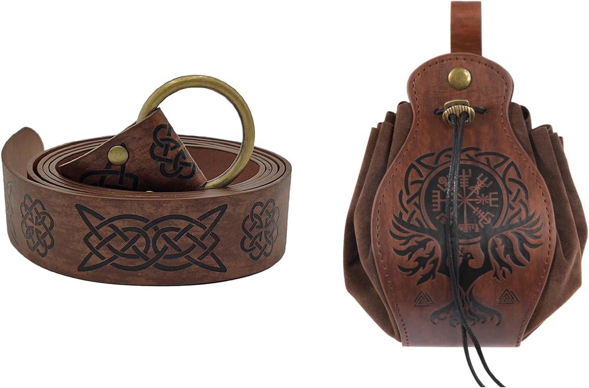 Middeleeuwse Vikingriem met Faux Leren Pouch Set, Gegraveerde Riem en Trekkoord Dobbelstenen Tas voor LARP, Cosplay en Halloween Accessoires voor Mannen en Vrouwen