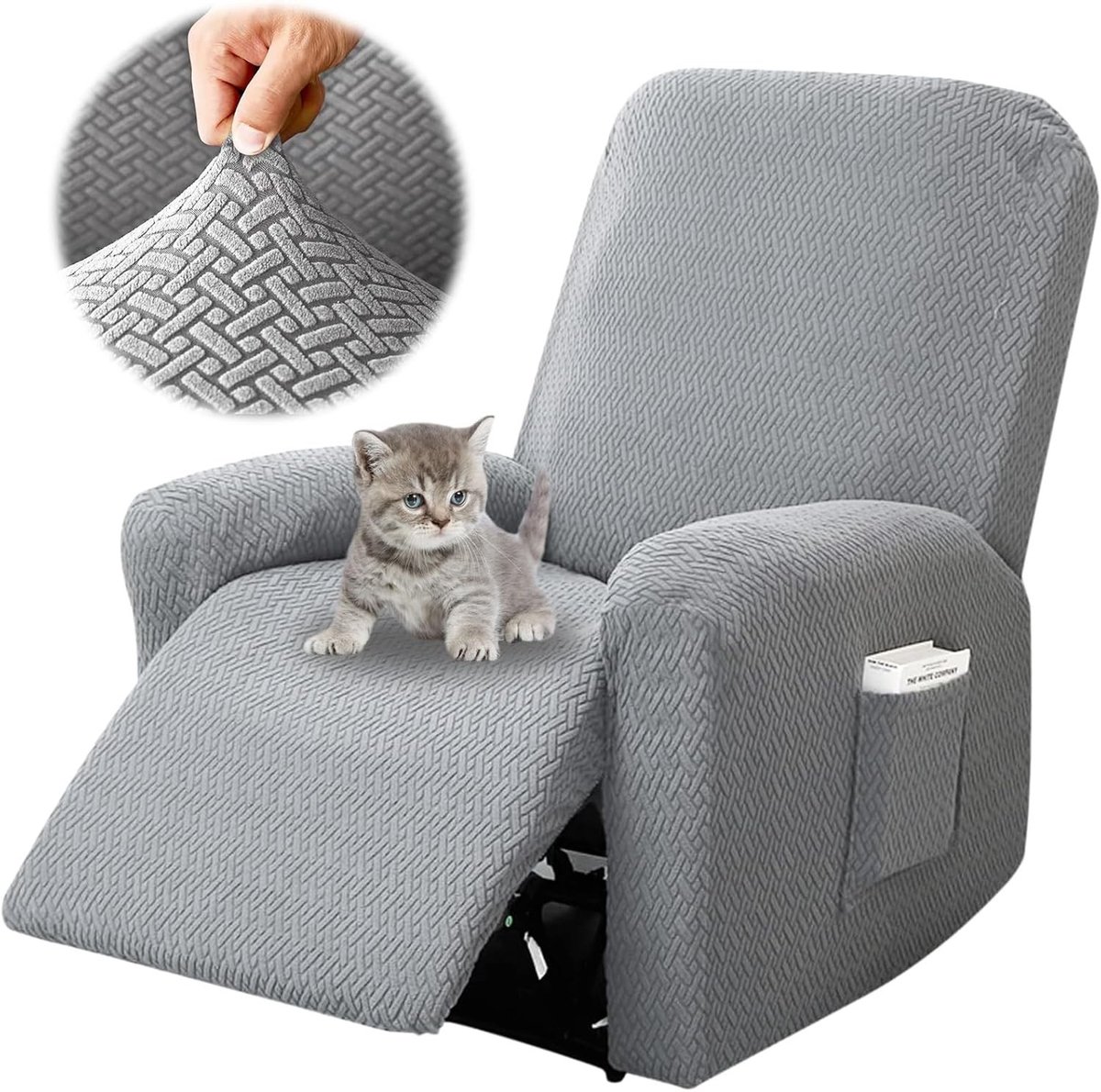 Set van 4 Verstelbare Stoelhoezen voor Relaxstoelen met Opbergvakken, Lichtgrijs en Ademend Materiaal