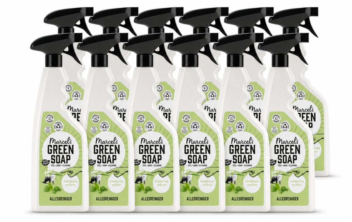 12 x Marcel's Green Soap - Allesreiniger Spray - Basilicum & Vetiver gras - Natuurlijk & effectief - 500 ml - Voordeelverpakking - 12 stuks