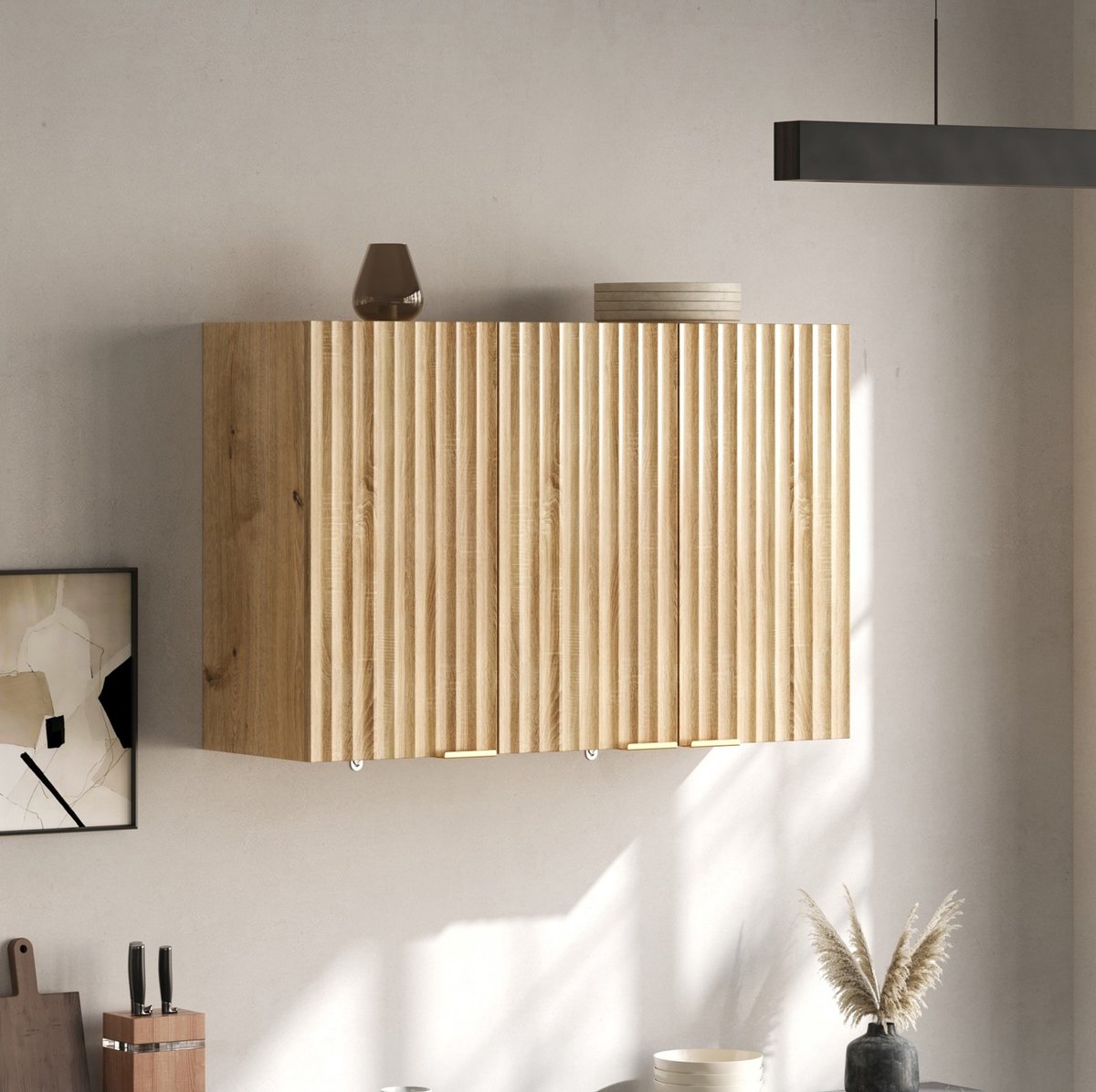 STILVORA Keukenkast - Wandkast Met 3 Deuren En Lameldeuren - Ruimtebesparend Voor Keuken, Woonkamer En Badkamer - MDF - Naturel - 90 X 29 X 60 Cm