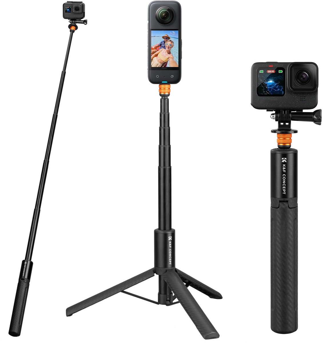 K&F Concept MS21 selfiestick met carbon verlengstuk 120cm voor Insta360, GoPro, DJI Action inclusief GoPro adapter