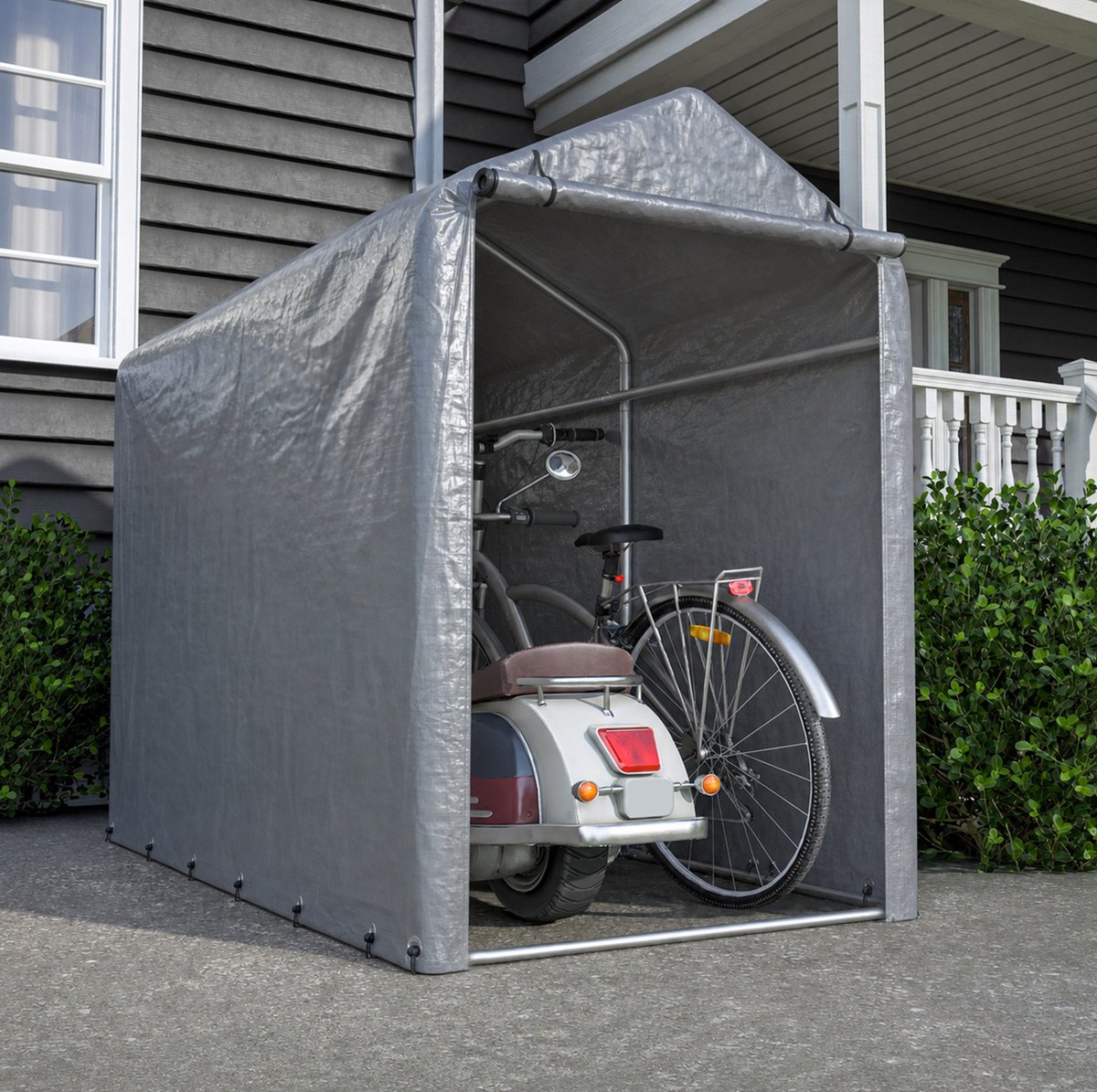 Fietsgarage 100x187x160cm Waterdicht Met Stalen Frame Grijs Voor Fiets Motorfiets Step En Tuingereedschap Met UV Bescherming