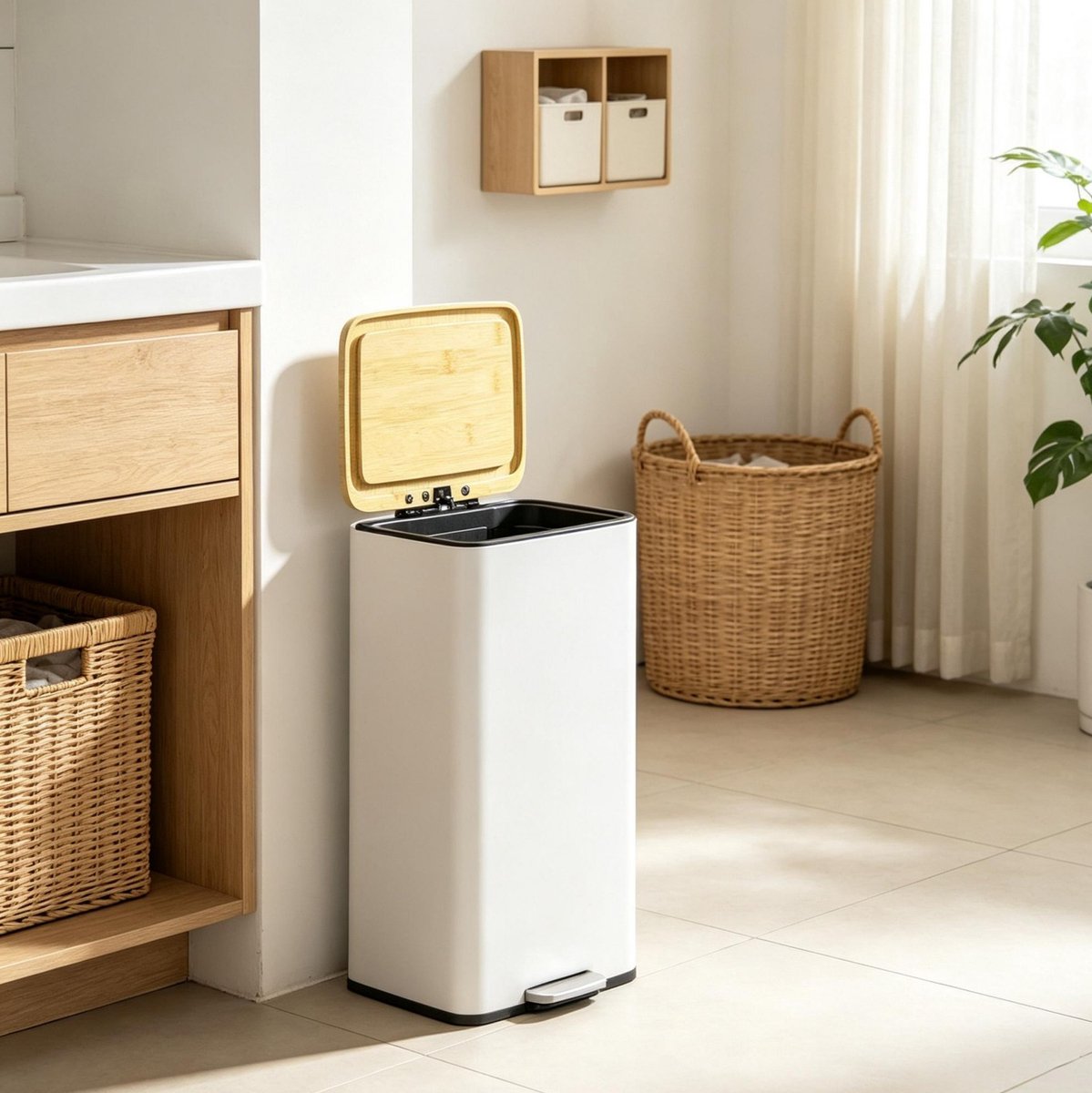 REDOM - Pedaalemmer - Met afneembare binnenemmer en soft-close deksel - 90° openhoudfunctie - Moderne stijl - Keuken, kantoor en kleine ruimtes - Metaal, bamboe en PP - Wit - 29,5 x 29,5 x 56,8 cm