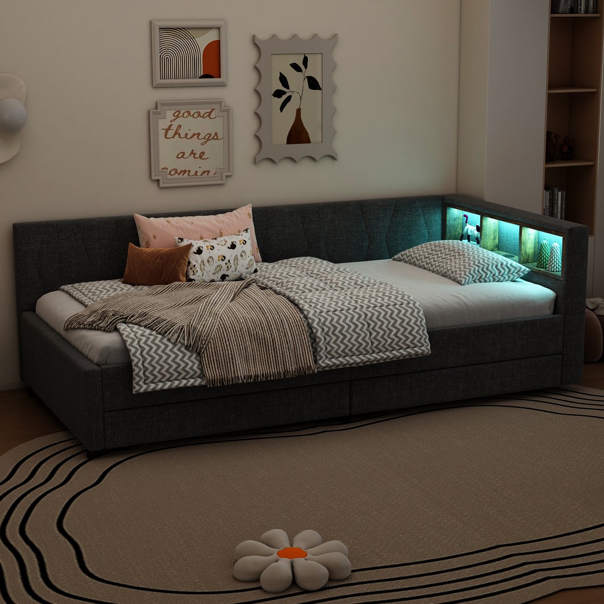 WUVRIE Bedbank 90x200 cm met 2 lades, opbergvakken, LED-verlichting en USB/Type-C, grijs