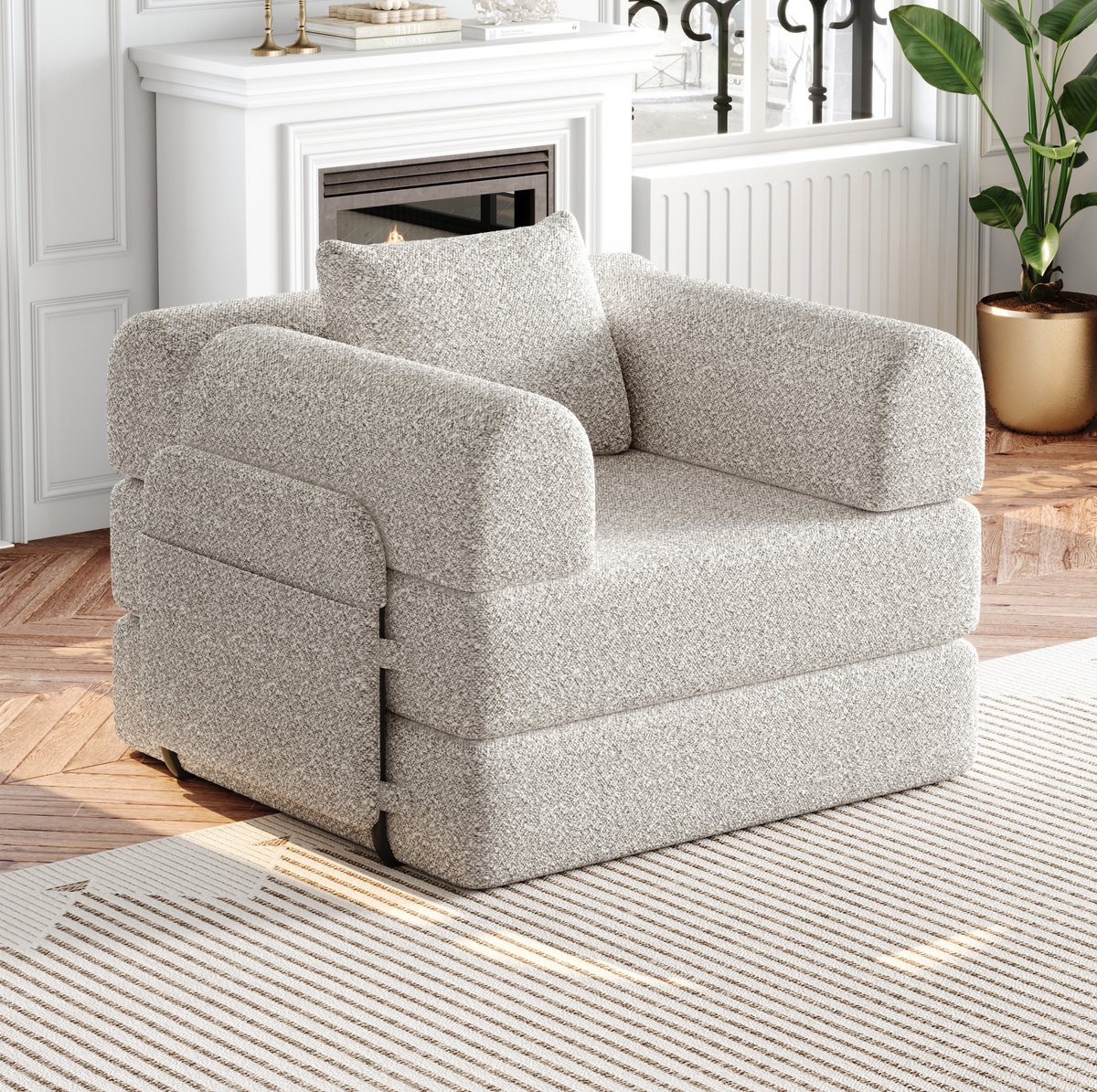 REDOM - Fauteuil - 2-in-1 slaapfunctie - armleuning met opbergruimte - handmatig verstelbaar - metalen frame - chenille - Khaki - 94 x 91,4 x 69,8 cm