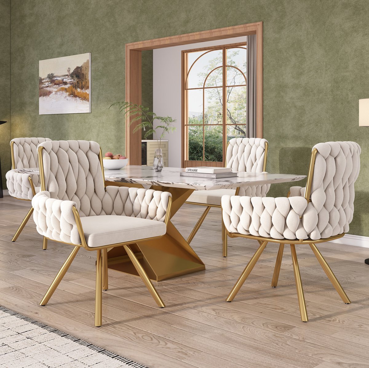 DESMIU Eetkamerstoel Set Van 4 - Velvet Draaistoel Met Armleuningen En 360 Draaifunctie - Voor Eetkamer En Woonkamer - Metaal - Beige