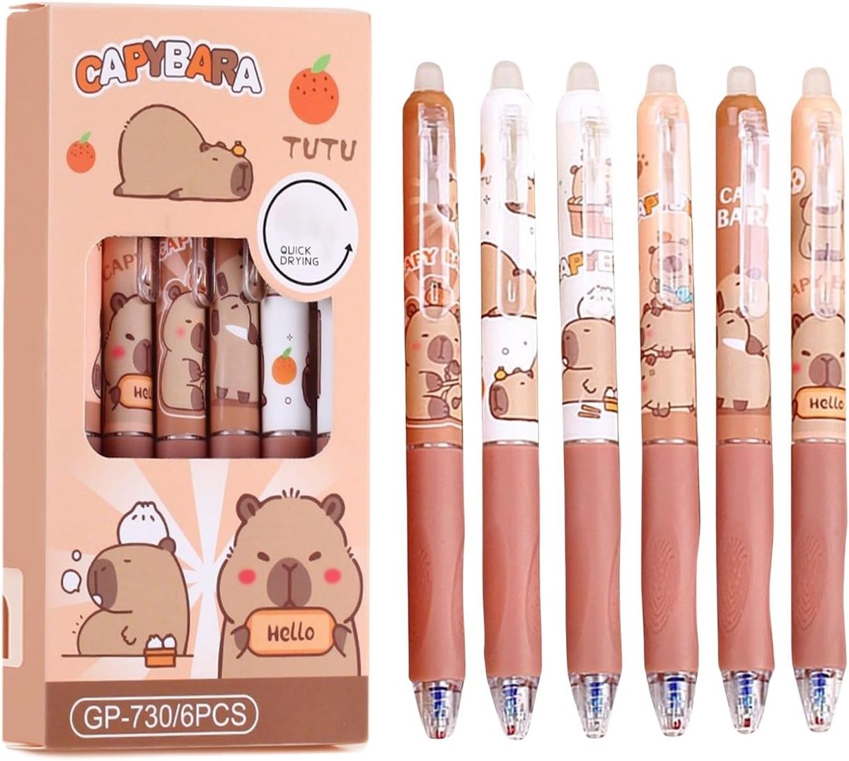 Kawaii Cartoon Capybara Gelpennen Set van 6, Sneldrogende Inkt, Leuke Dierenthema Pennen voor Creatieve Projecten en Cadeaus