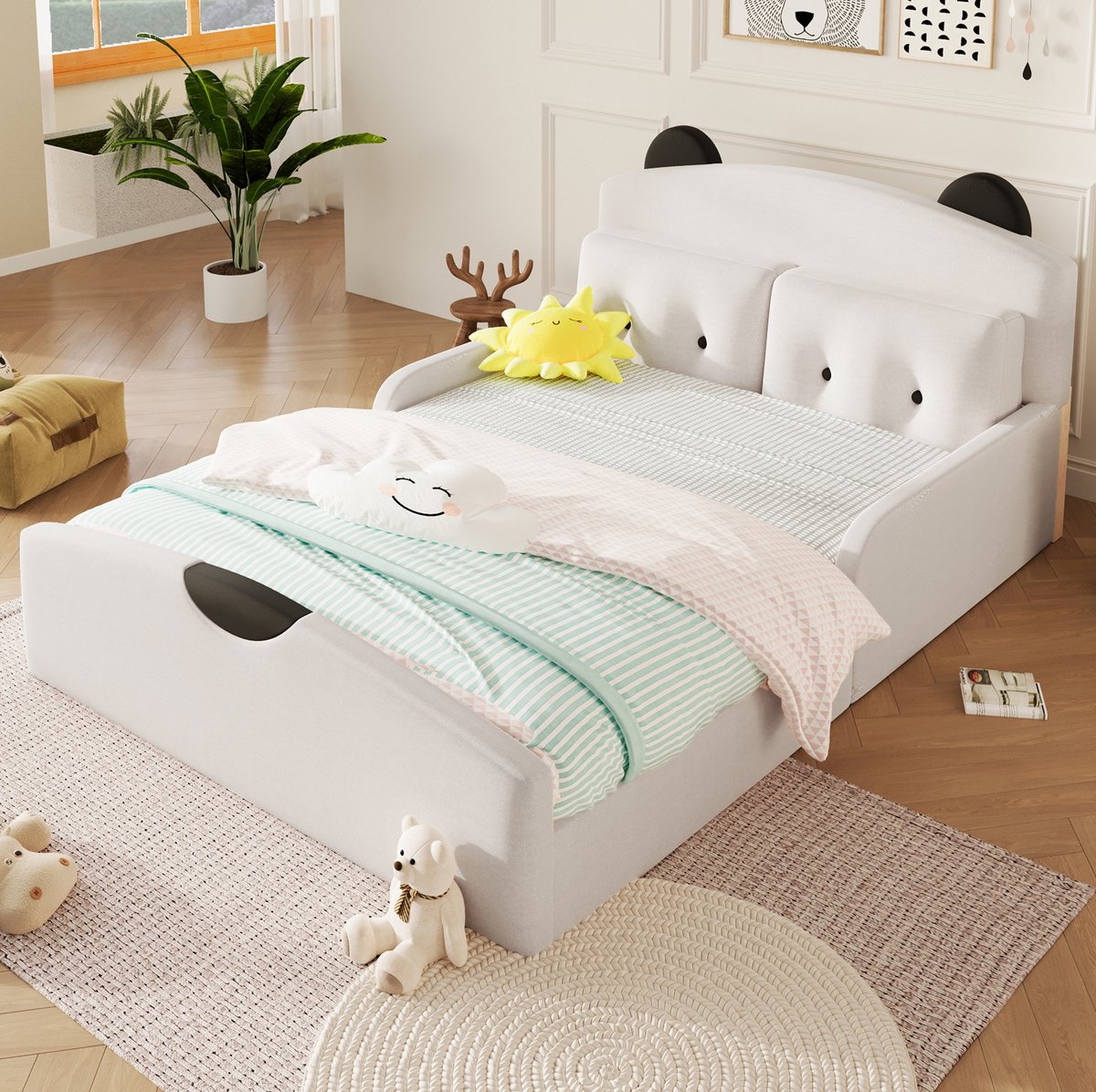 MIVRAY Bed 140x200 cm Zonder Matras Beren Design Met Gevoerd Hoofdbord En 2 Sierkussens Linnen Wit