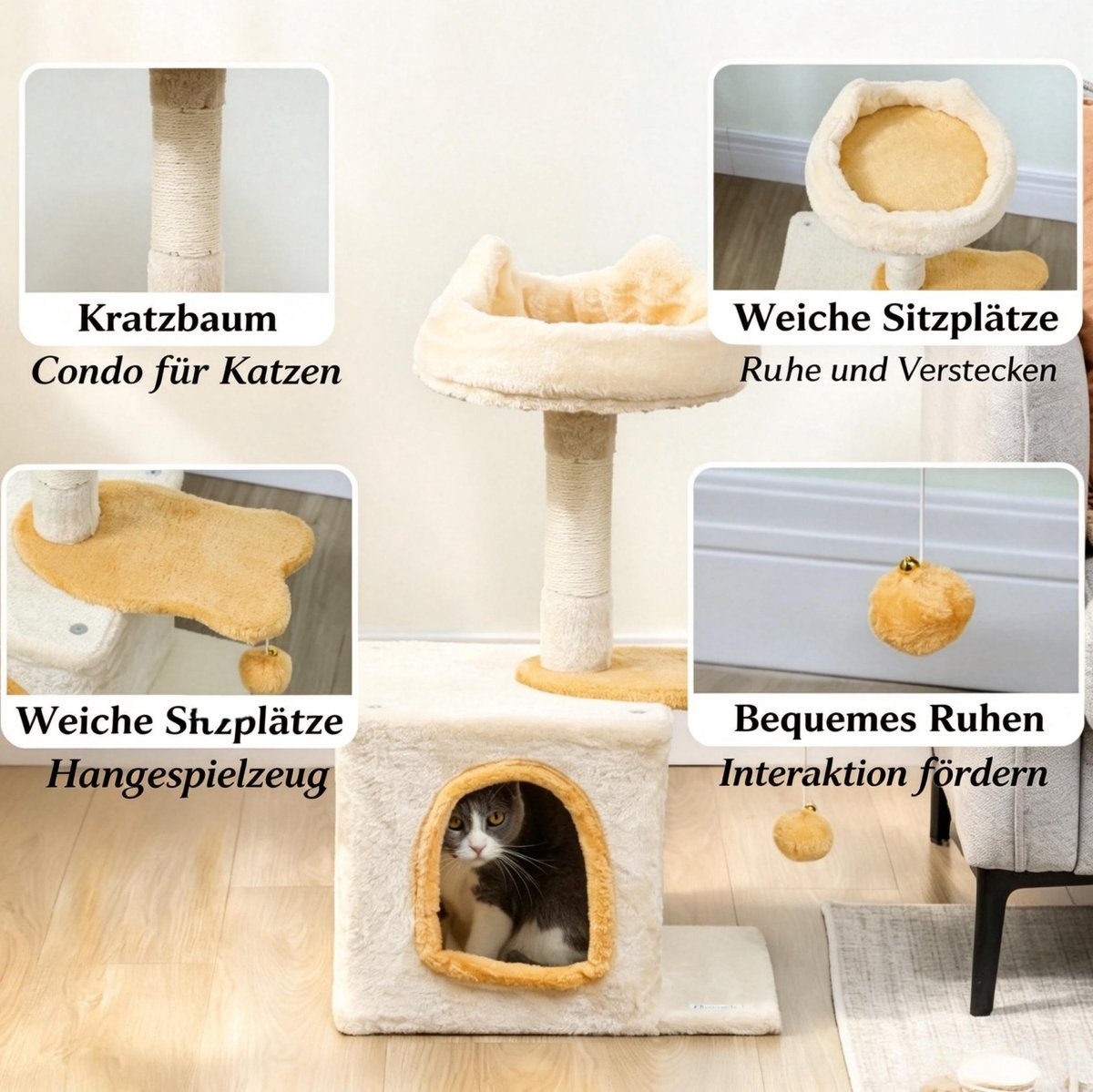 REDOM - Krabpaal met kattenhuisje - Sisal krabstam - Speelbal - Pluche bekleding - Kattenboom voor binnen - Partikelplaat - Beige - 40 x 30 x 72 cm