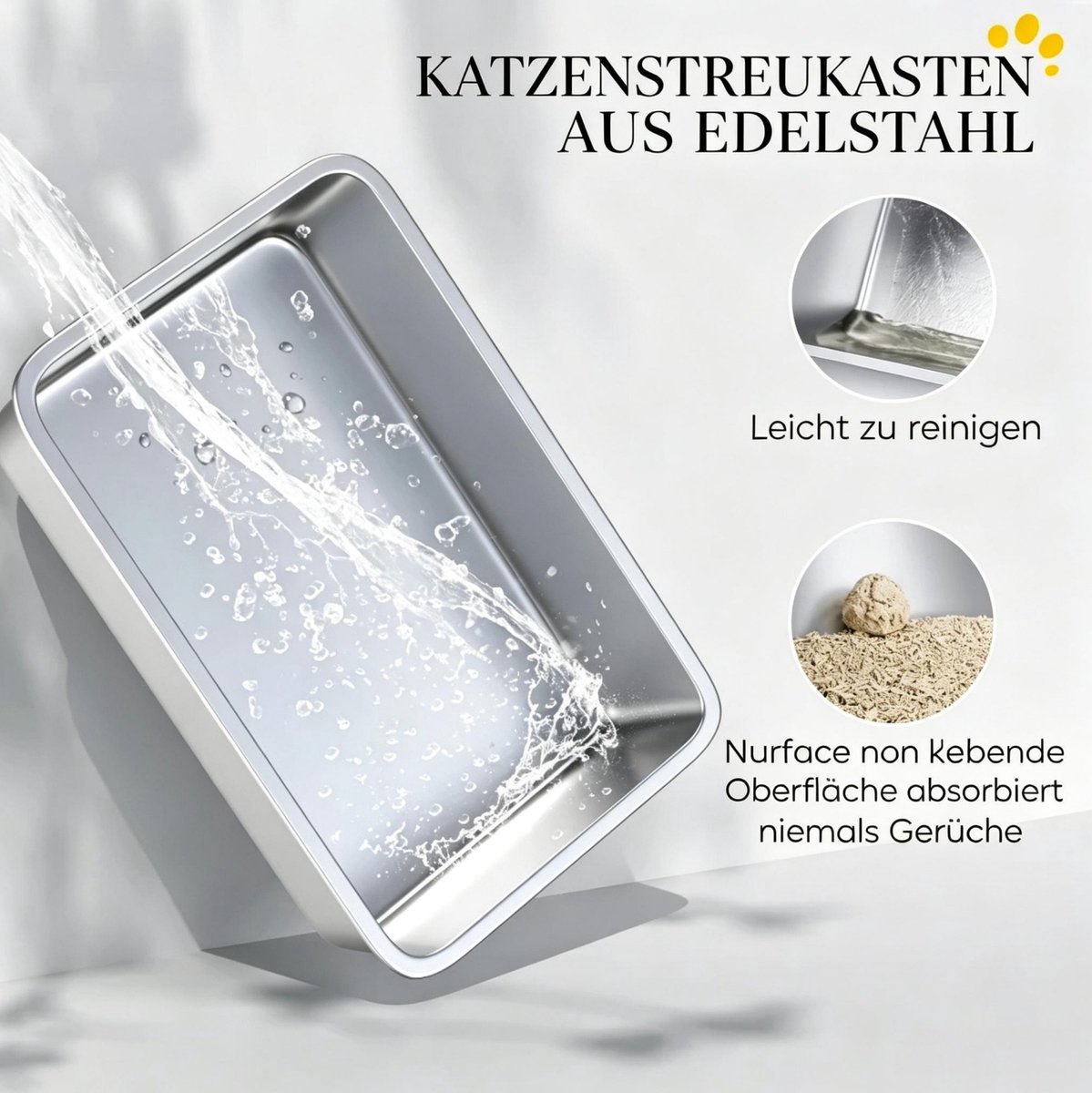 REDOM - Kattenbak - RVS constructie - Hoge wanden en kliksluiting - Met zandopvangmat en RVS schep - Voor katten tot 7 kg - Grijs - 60,2 x 40,2 x 29,5 cm