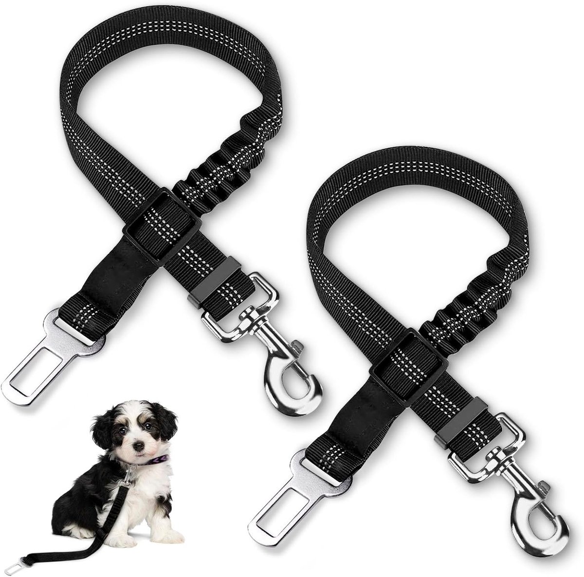 Verstelbare Honden Veiligheidsgordel voor Auto met 360° Draaihaak en Elastische Bungee Strap, Stevige Antiroest Veiligheidsclip, Geschikt voor Autogordel (50-84cm, Universeel)