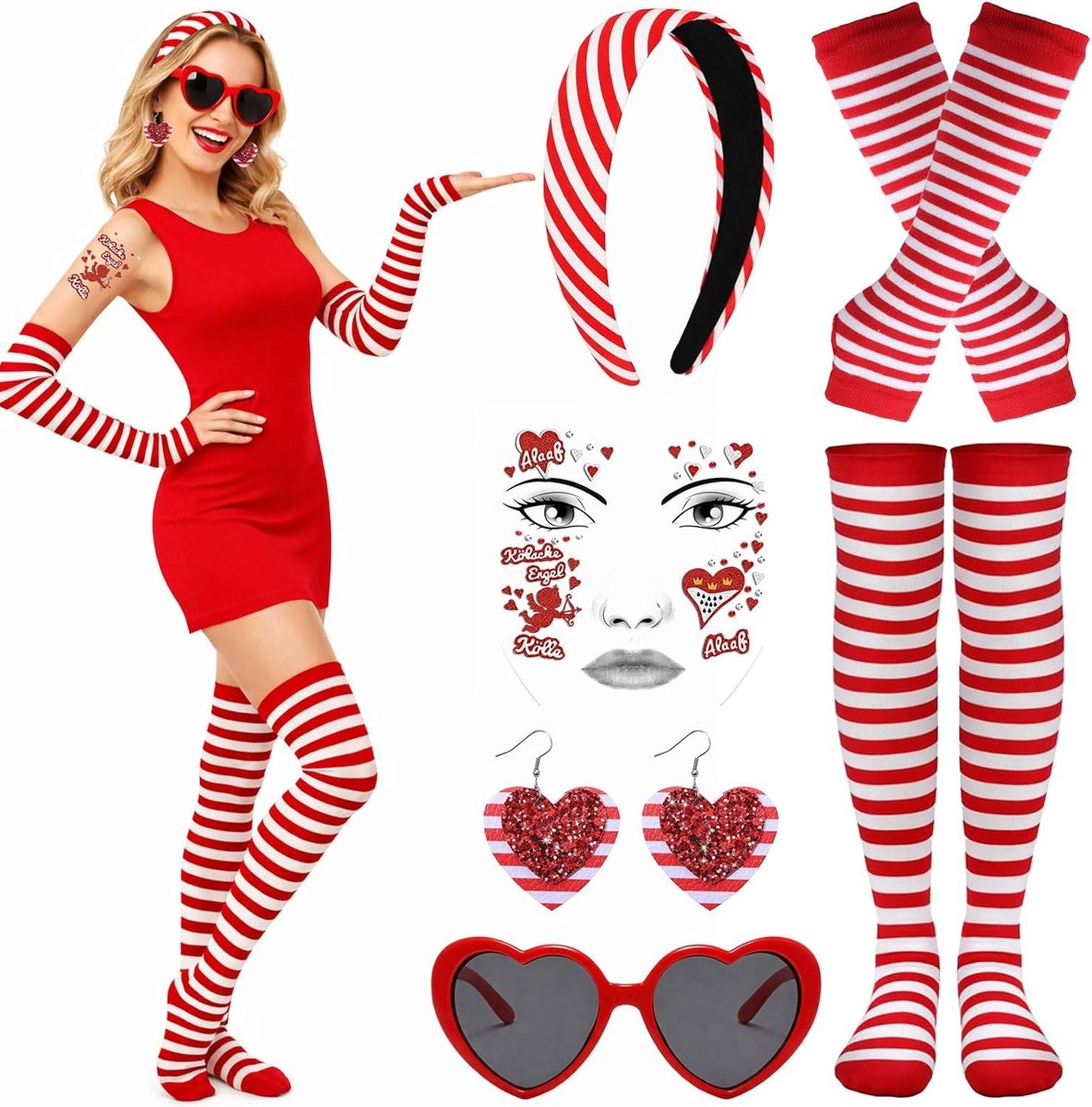 Carnaval Kostuum met Hoofdband, Rode en Witte Accessoires, Hartbril, Handschoenen en Tatoeages voor Vrouwen