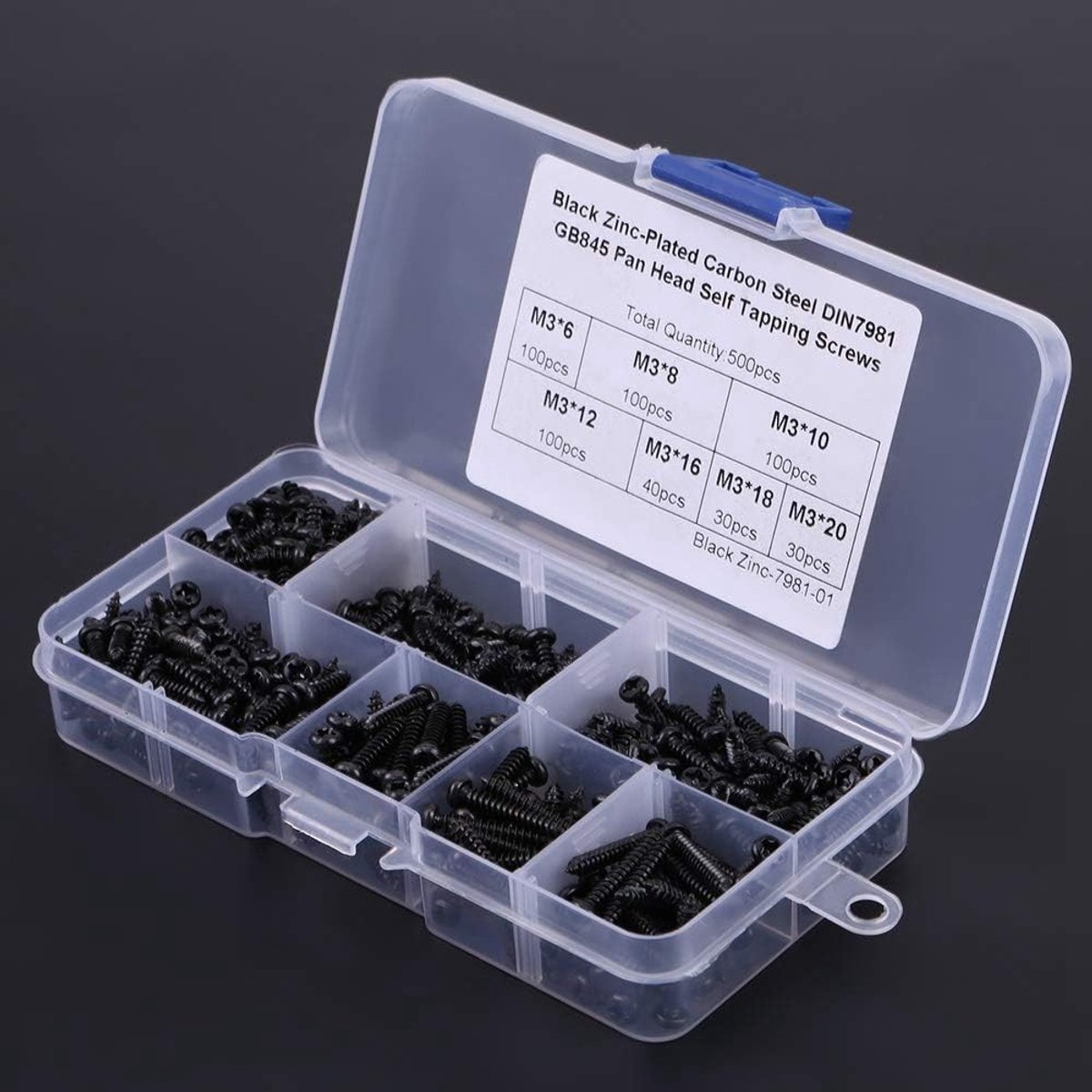 Zelftappende Schroeven Assortiment Set 500 Stuks M3 met Bolkop en Plastic Opbergdoos voor Diverse Klussen