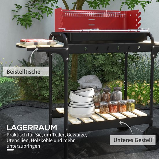 Outsunny-Holzkohlegrill-Metall, Kiefernholz-103L x 47B x 95H cm-Rot van Merkloos — afbeelding 5