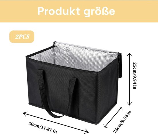 2 × Koeltas - Koeltas -30 x 25 x 25 cm - lunch / blikjes - Koeltasje - Koeltassen - geïsoleerde herbruikbare Boodschappentassen - Opvouwbare Picknicktas - Oxford Doek met Aluminiumfolie - Waterdicht - Met Handvat - Zwart — afbeelding 2