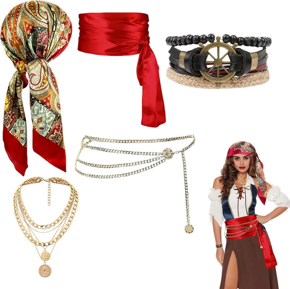 Piratenkostuum voor Dames met Accessoires - Inclusief Rode Sjaal, Gouden Ketting, Oogmasker en Meer voor Themafeesten, Cosplay en Carnaval