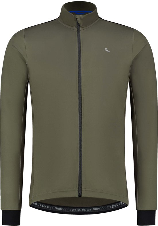 Groen wielershirt met lange mouwen, zwarte rits en zwarte manchetten.