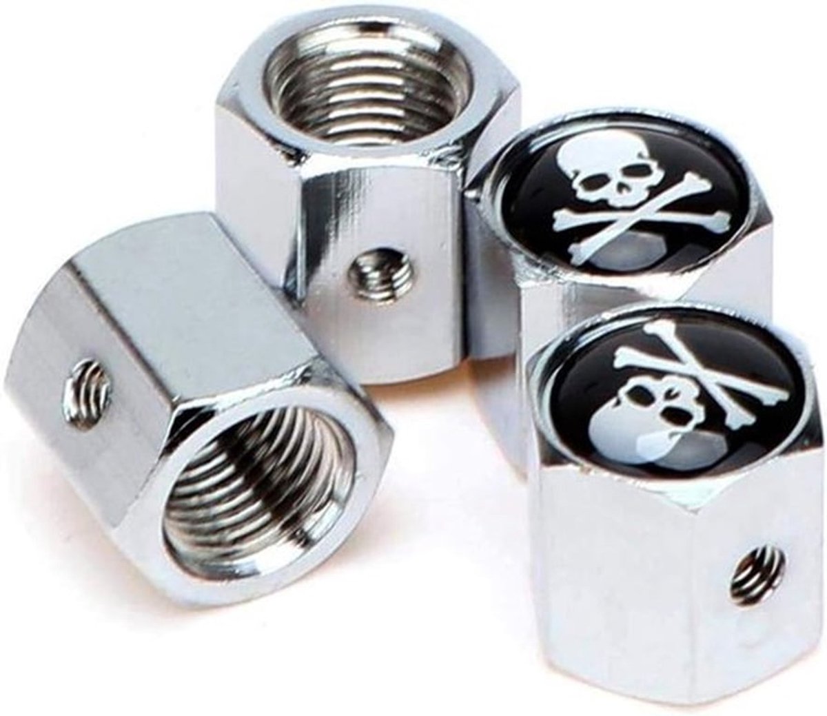 Ventieldoppen zwart 8 stuks voor auto, anti-diefstal, universele pasvorm met zilver en koper detail.