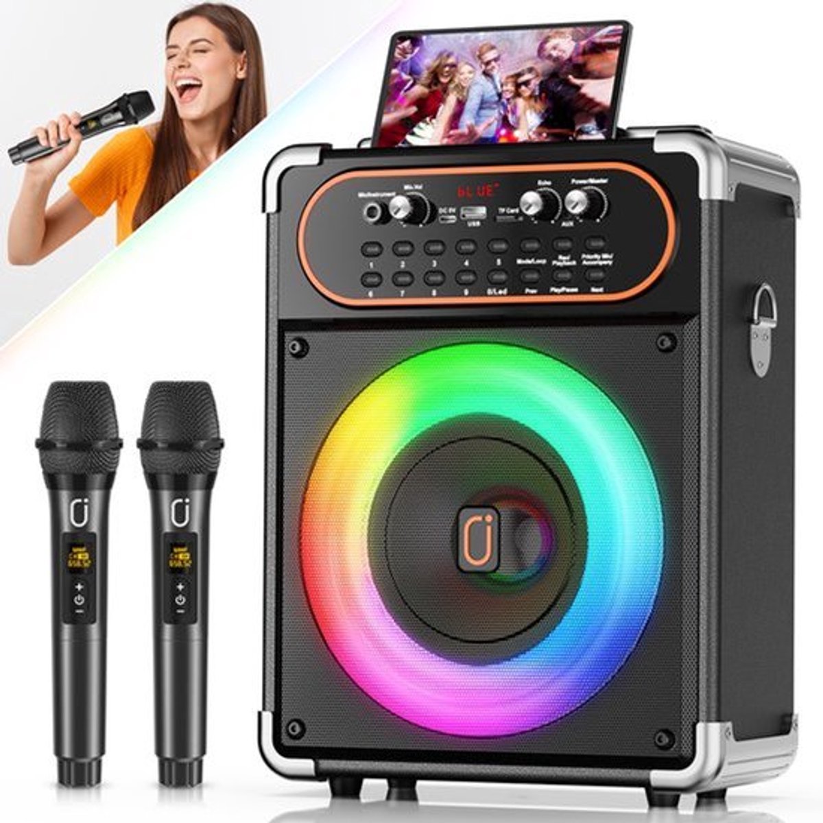 Draagbare Speaker Bluetooth 5.3 - 2 Microfoons - 4.02 kg - Zwart - Karaoke Speaker