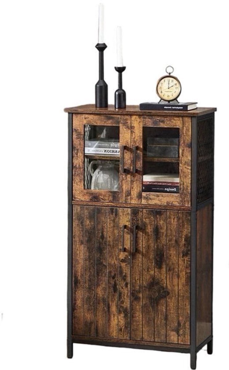 Badkast – Wijnkast – Barkast – Opbergkast – Drankkast – Industrieel Design – Verstelbare Plank – Stalen Frame – 60x30x108 cm – Vintage Bruin-Zwart