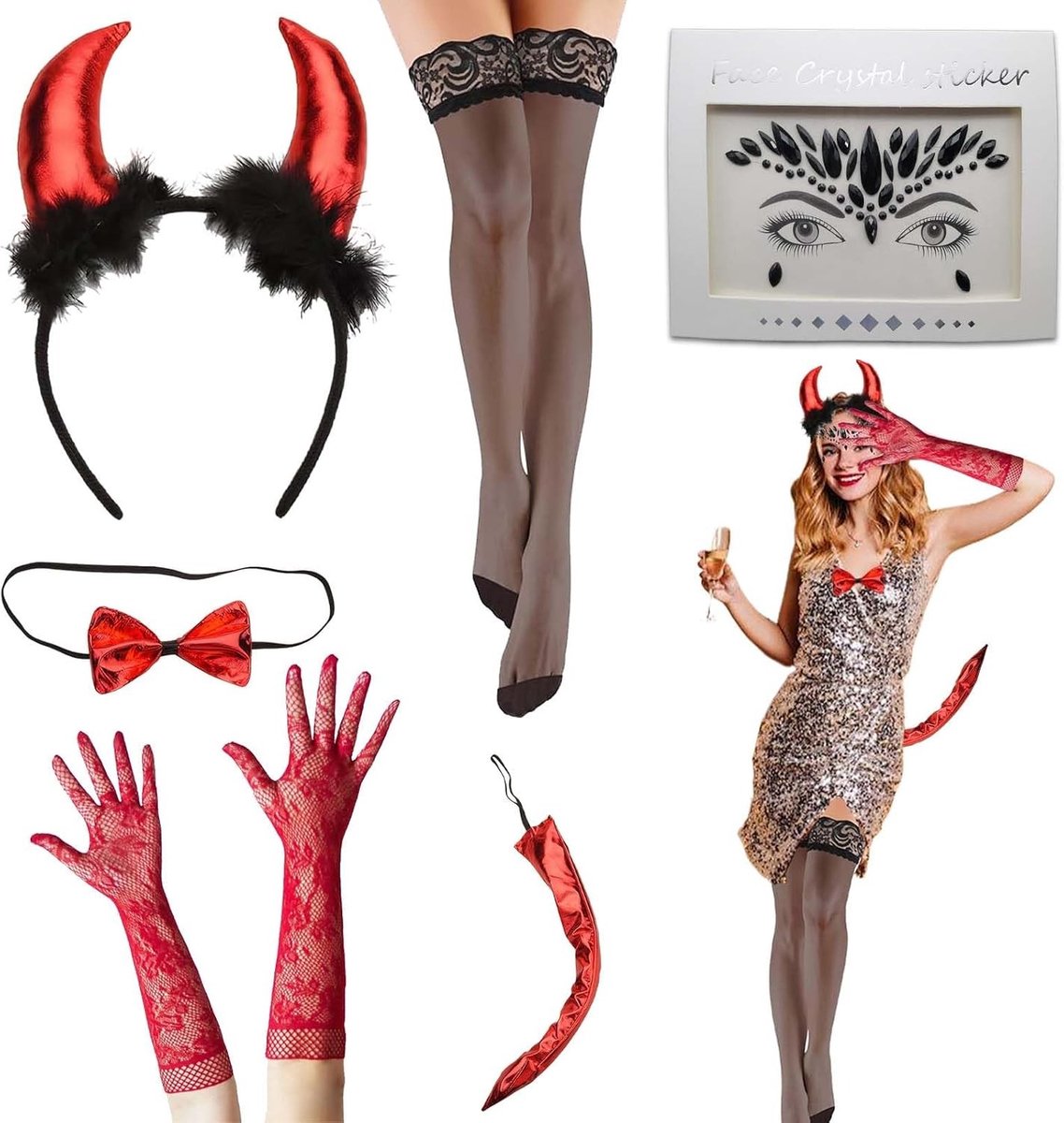 Halloween Duivel Kostuum Set met Hoorns, Strik, Staart, Handschoenen en Vork - Perfect voor Feestjes en Verkleedpartijen