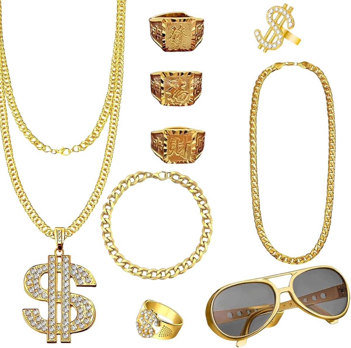 Hip Hop Kostuum voor Mannen met Gouden Ketting en Zonnebril - 80s en 90s Gangster Outfit voor Carnaval en Feestjes
