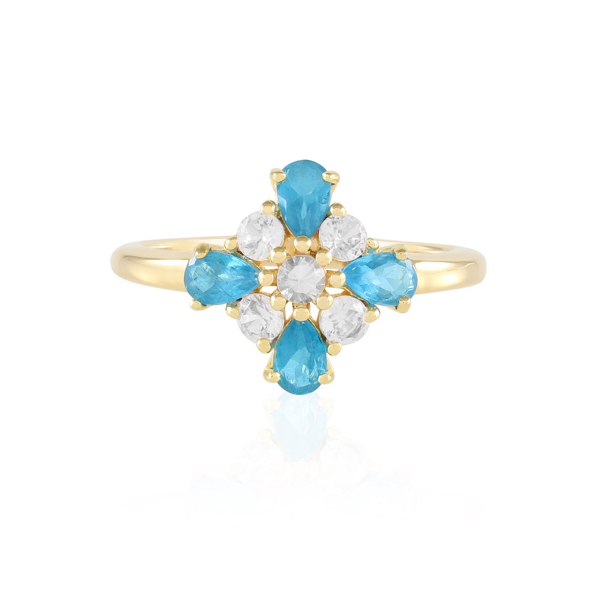 Cavill - 925 Sterling Zilver Vergulde Ring - Neon Blauwe Apatiet 0,70 ct & Zirkonia 0,36 ct - Elegante Bloem Design Ring
