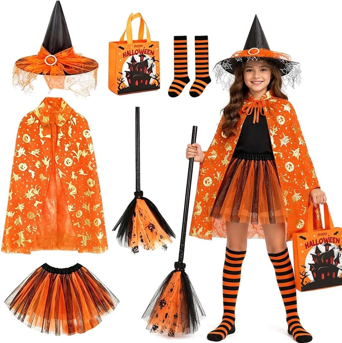 Heksenkostuum voor kinderen, heksenkostuum voor meisjes, Halloween-kostuum voor meisjes, tutu met heksenhoed en tas voor snoep, Halloween, carnaval, themafeest, cosplay, oranje