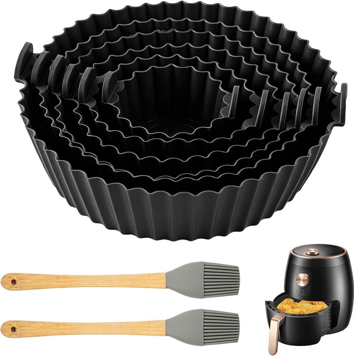 6 stuks siliconen vormen Airfryer, siliconen vormen heteluchtfriteuse, Air Fryer siliconen inzetstuk, siliconen vorm voor heteluchtfriteuse met borstel, siliconen vorm heteluchtfriteuse, voor airfryer