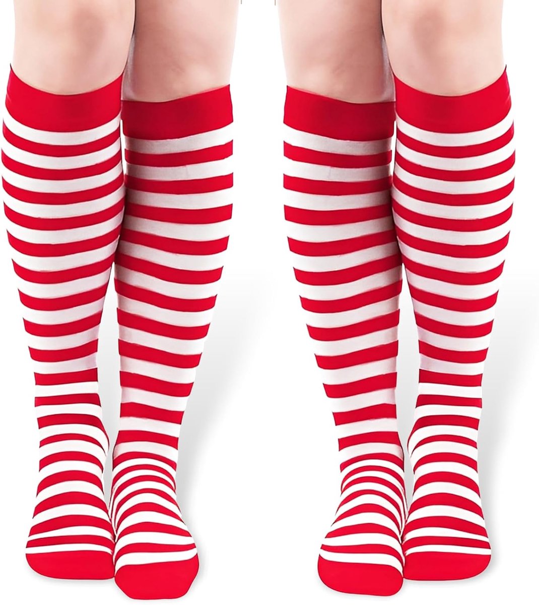 Hoge kerstsokken voor dames, rode en witte gestreepte elfsokken, hoge kousen, Kerstmis, rollenspel, familiebijeenkomsten, vieringen (A)