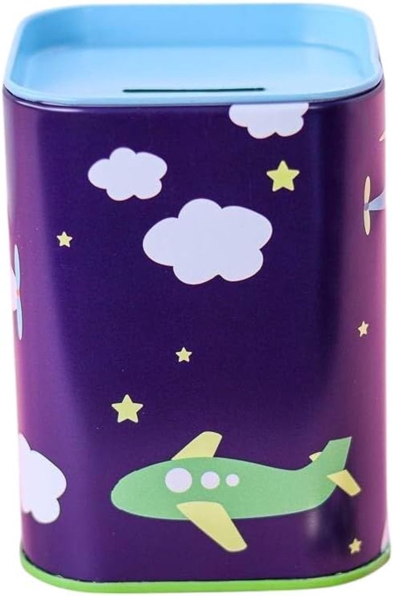 Spaarpot voor kinderen in levendige kleuren. Originele spaarpot met deksel, spaarpot die ook als pennendoos kan worden gebruikt. (vliegtuig)