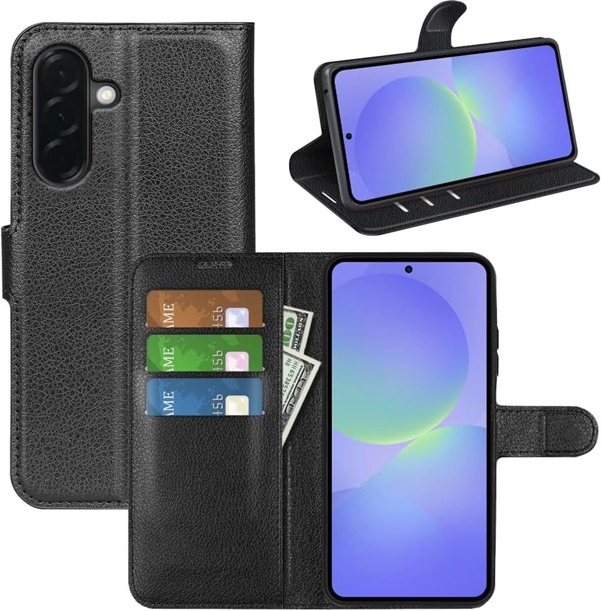 Hoesje voor Samsung Galaxy A37 5G, lederen portemonneehoesje met kaartsleuf, magnetische sluiting, TPU-binnenkant, zwart