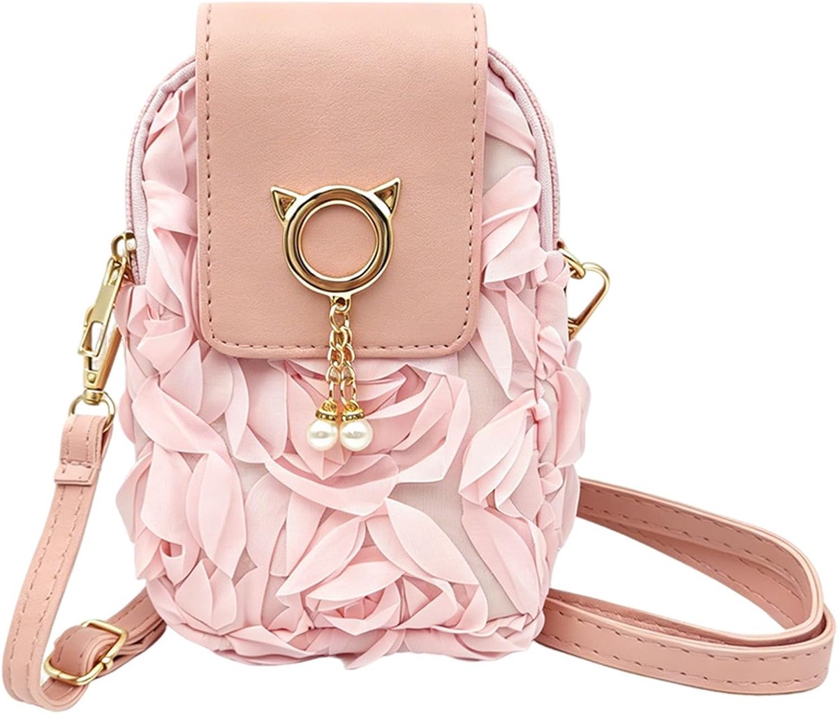 Crossbody Tas 3D Bloemen, Leuke Roze Cross Body Tas Vrouwen met Afneembare Verstelbare Riem, Lederen Rozen Mobiele Telefoon Tassen met Rits voor Vrouwen Zomer Strand Bruids Prom Party Bruiloft thumbnail 2