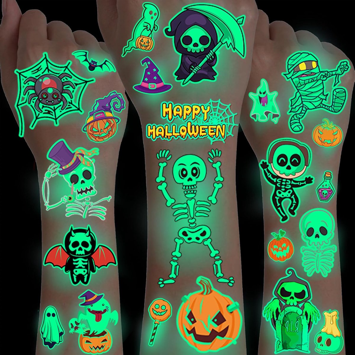 10 Velletjes Cartoon Glow-in-the-Dark Halloween Tijdelijke Tatoeages Voor Kinderen Jongens Meisjes Gezicht Arm 3D Nacht Glitter Luminous Halloween Kat Pompoen Heks