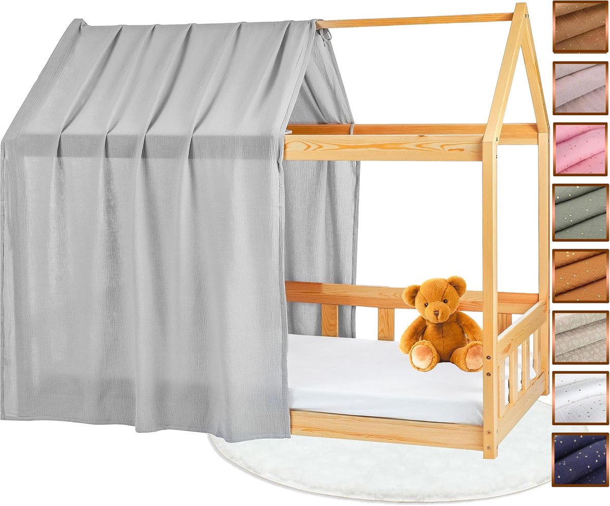 Beddoek voor cabine, 100% katoen, voor Montessori-bed, 80 x 160, 90 x 200 cm, Oeko-Tex-stof GOTS (grijs, 120 x 370 cm)