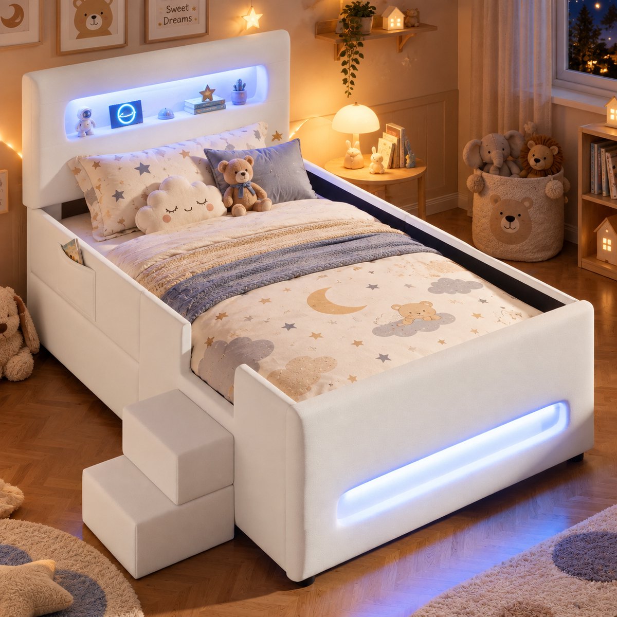 Welltin Kinderbed 90x200 cm - Eenpersoonsbed - Gestoffeerd bed - Multifunctioneel bed - Vloerbed - Met USB-oplaadpoort - Met led-lichtstrip - Met lade - Met opbergvak - Wit