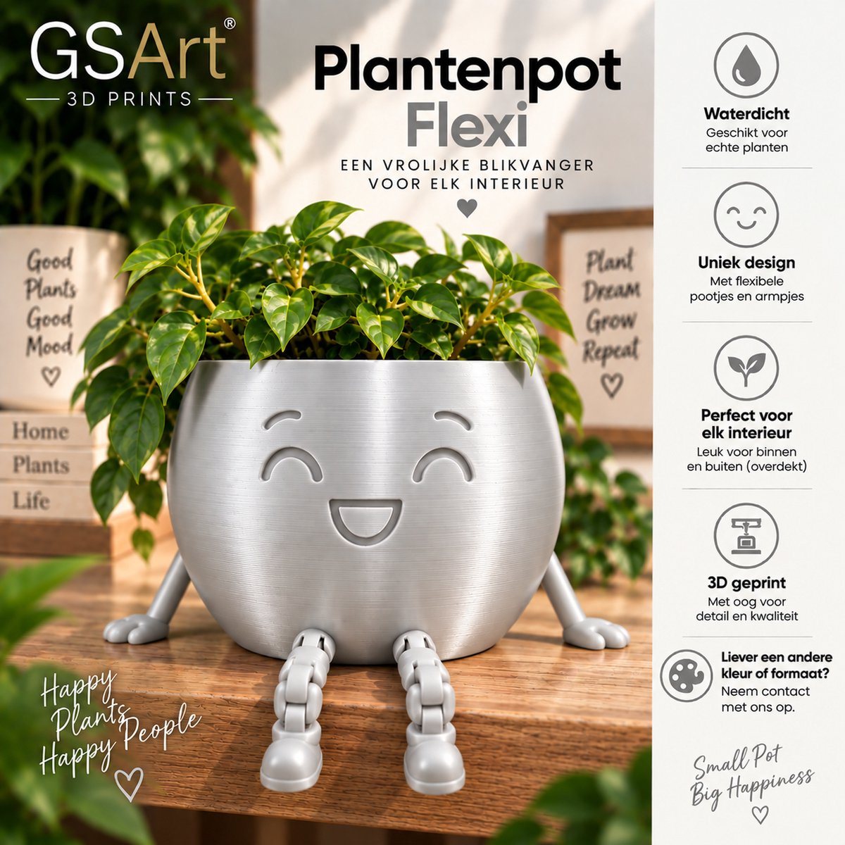 GSArt Plantenpot Flexi – Waterdichte 3D Geprinte Bloempot met Flexibele Benen - Zijde Zilver