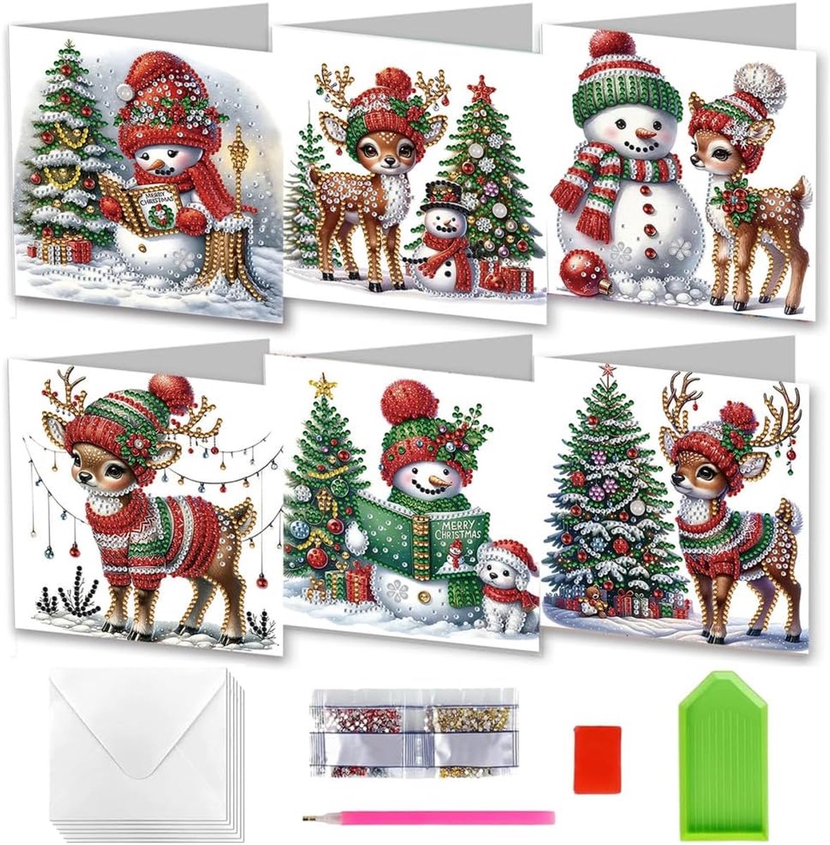 Painting kerstkaarten met envelop, diamond painting-kaarten, 5D diamant wenskaart, kerstwenskaarten, kerstboom, diamantschilderij, 6 stuks