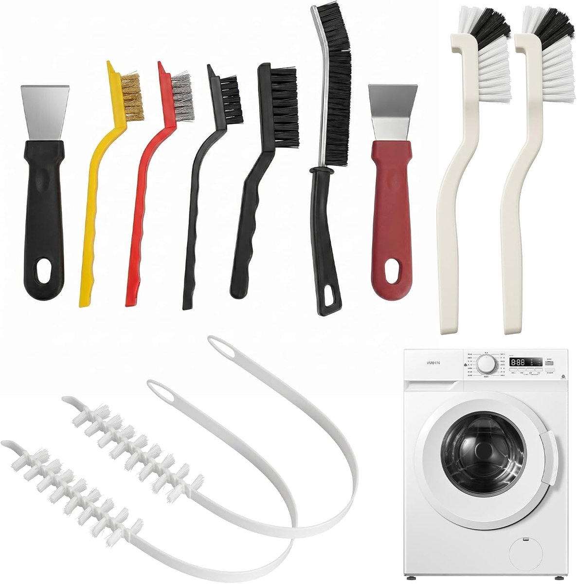 13-delige reinigingsborstelset wasmachine - reinigingsborstel voor spleet, wasmachineborstel, voegenborstel voor rubberen afdichting, trommelreinigingsborstel voor keuken, badkamer, afvoer, smalle