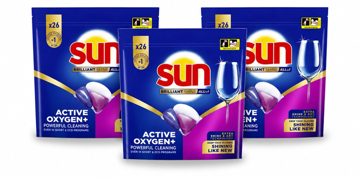 3 x Sun - Vaatwascapsules - Brilliant Shine All-in-1 - 26 capsules - Voordeelverpakking - 3 stuks