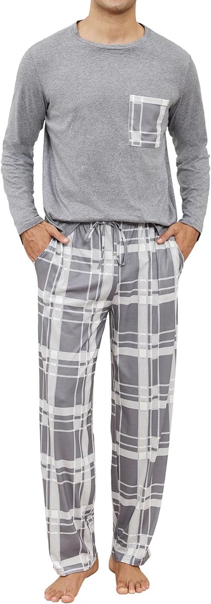 Herenpyjama met lange mouwen en geruite broek, 2-delige pyjamaset, zachte comfortabele loungewear herennachtkledingset met zakken